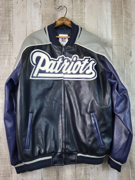 NFL Other - NFL Patriots Navy and Gray Leather Jacket. Faux Leather. Mens Large